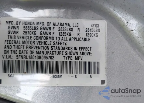2003 Honda Odyssey Ex-L z USA, uszkodzony, nr VIN 5FNRL18013B095702